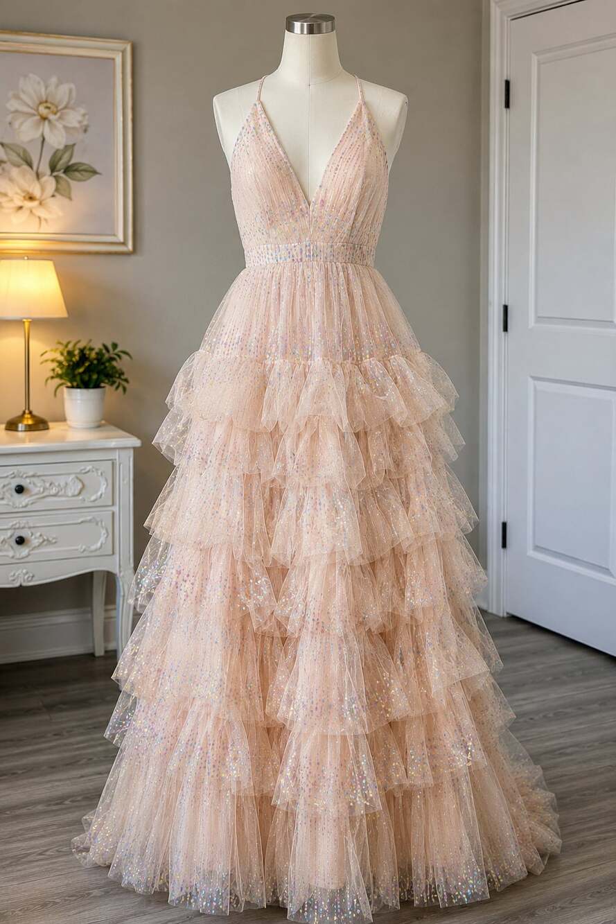 Maniju Women Large Blush Pink Tiered Ruffle Tulle Maxi Dress Glitter Formal Gown